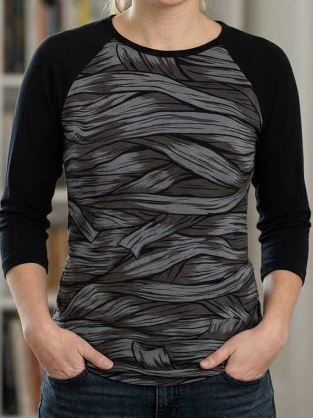 LulaRoe Halloween Mummy Wrap Bandage Motif Black and Gray Women's Top Size S